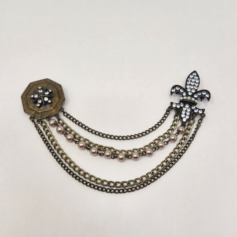 Fleur de Lis Shield  Brass Tone Sweater Brooch Pin Multi Chain Accent Rhinestone